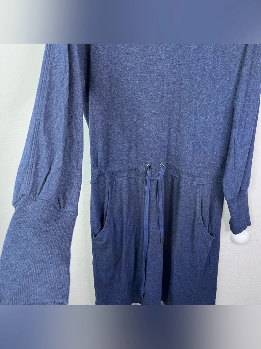 Athleta Blue V-neck Long Sleeve Dress Drawstring Waist Pockets Sz Large Sweater - Picture 3 of 11